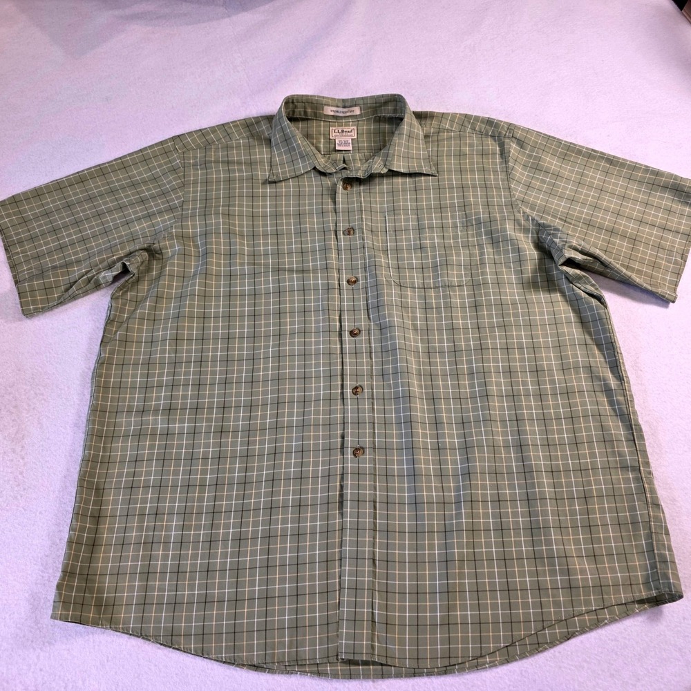 LL Bean Mens XXL Short Sleeve Wrinkle Resistant Plaid Button Down Shirt Green